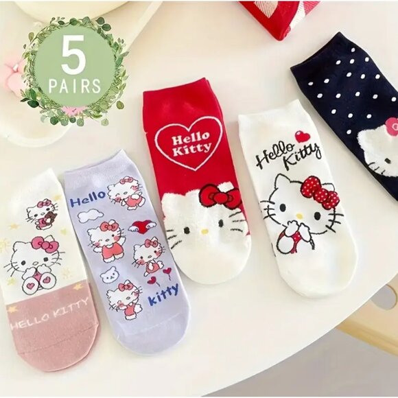 Hello Kitty Accessories - 5 Pairs Hello Kitty Women’s Ankle Socks – Cute & Colorful Cartoon Socks One Size